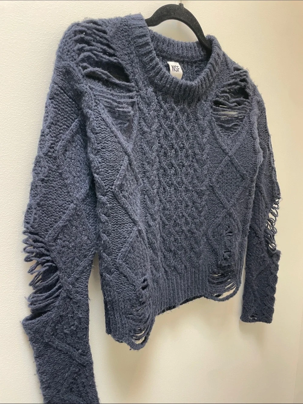 NSF Distressed m Crewneck Wool Sweater Size Small Navy